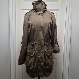 Military Style Utility Trench Jacket With Hideaway Hood Cinch Waist